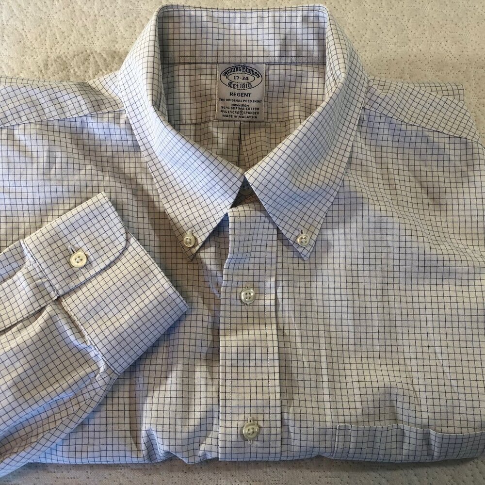 Brooks Brothers 1818 orig polo Mens Size 17/34 Shirt Small Blue Check Pattern